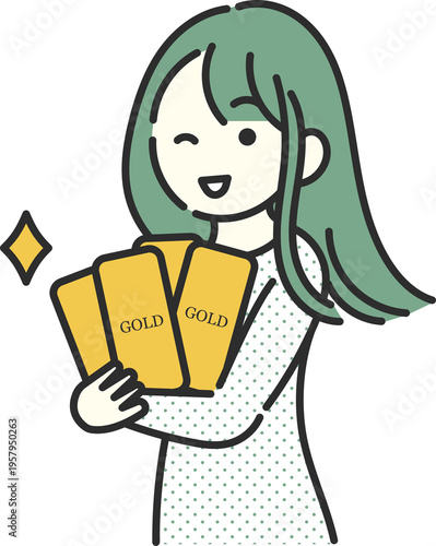 ゴールドバーを抱えウィンクする女性のイラスト