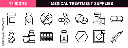 pharmaceutical medication pill bottles and capsules in ultra minimalist monoline geometric line art style for healthcare interfaces