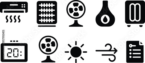 Climate control icons collection, air conditioning heating devices set, ventilation system illustration, isolated vector symbols, temperature regulation, home appliance bundle design