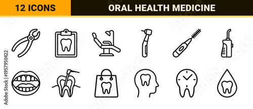 Monoline minimalist dental and oral care outline symbol collection featuring clean geometric line art and modern clinic elements.