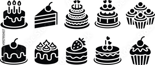 Cake and dessert silhouettes collection, bakery sweets set, pastry illustration, isolated vector cakes cupcakes, celebration treats, confectionery food bundle design