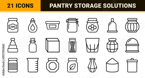 Minimalist monoline geometric glass jars and storage bottles for pantry preservation apothecary and packaging utility.