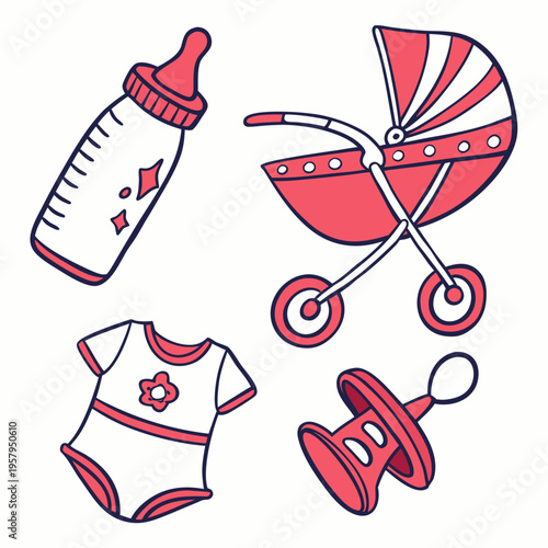 Baby items including a stroller and bottle