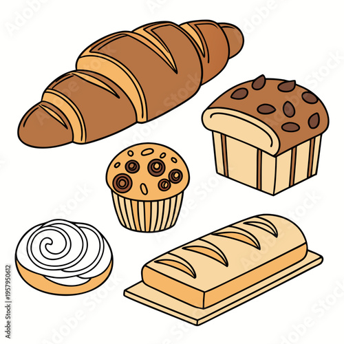 A collection of baked goods including bread and pastries