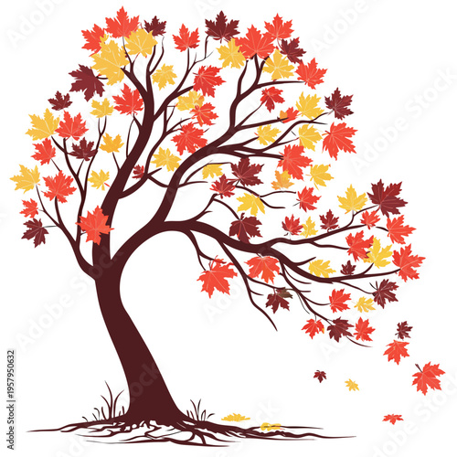 A tree with colorful leaves blowing in the wind