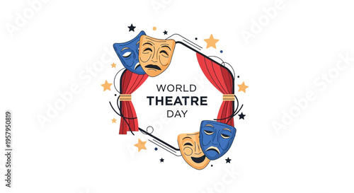 Vector illustration celebrating World Theatre Day with comedy and tragedy masks surrounded by colorful stars on a design for theatre arts concept and performing arts culture.