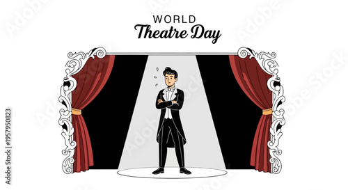 Illustration of a man in a tuxedo standing on stage with red curtains and spotlights for World Theatre Day, celebrating performing arts culture.