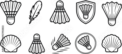 Badminton shuttlecock icons set, feather shuttle sport symbols collection, line art vector illustration equipment game design elements pack