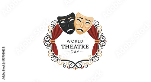 Vector illustration of World Theatre Day design with comedy and tragedy masks surrounded by ornate curtains and swirls on a white background.