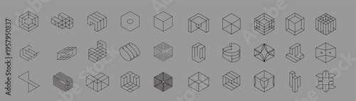 vector set of Postmodern abstract geometric graphic frame  with Isometric line brutal 3D shapes,  Brutalism volumetric  various form, trendy cyber design symbols in futuristic aesthetics, vector set