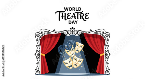 Illustration of a theatre stage with comedy and tragedy masks, red curtains, and a decorative frame, celebrating World Theatre Day with a theatrical performance concept.