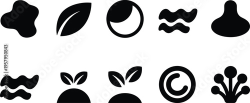 Abstract organic shape icons set, nature leaf water eco symbols, minimalist black vector blobs elements modern design collection