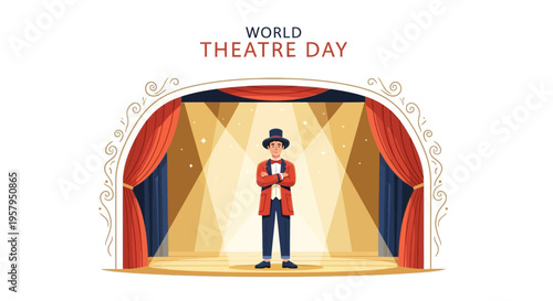 Illustration of a soldier standing on a theatre stage with red curtains and a diamond-patterned backdrop, celebrating World Theatre Day with a theatrical performance concept.