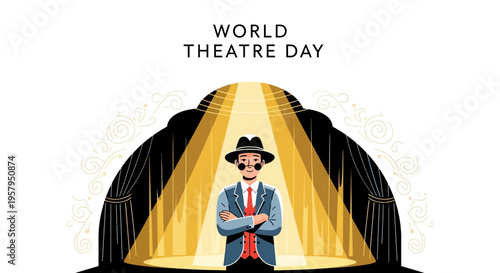 Illustration of a man in a suit and hat standing on a stage with a spotlight shining down, celebrating World Theatre Day with a dramatic and theatrical performance concept.