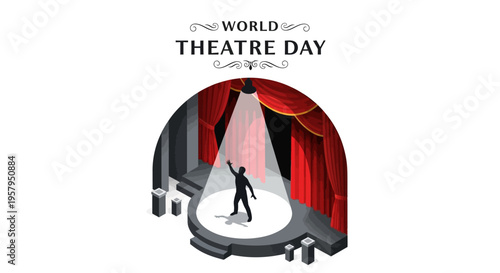 Vector illustration of a lone actor on stage with a spotlight shining down, set against a red curtain backdrop for World Theatre Day 2026, celebrating performing arts culture.
