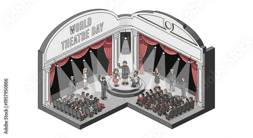 Illustration of a theatre stage with actors performing and an audience watching on World Theatre Day, with a red curtain and spotlights, conveying a celebratory mood.