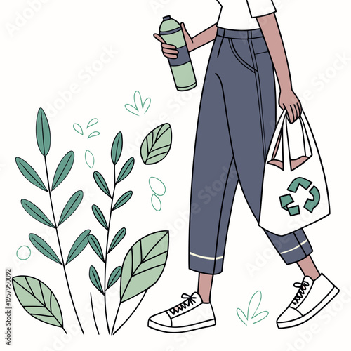 A person holding a reusable bag and water bottle