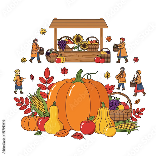 Autumn Harvest Market Scene with People and Seasonal Produce