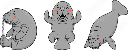 Cute manatee cartoon character set featuring three happy sea cow poses including sitting, waving, and swimming, ideal for marine life and ocean conservation illustrations.