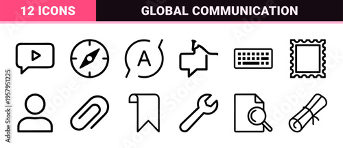 Minimalist monoline translation and linguistics interface icon set featuring geometric outline symbols for global communication and localization.