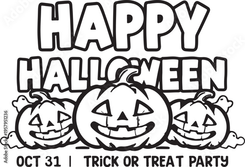 Black and white line art illustration featuring three carved jack-o'-lanterns for halloween party