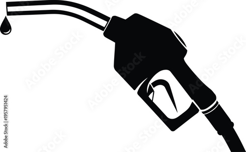 A black silhouette illustration of a fuel pump nozzle with a single drop falling from the tip end Vector