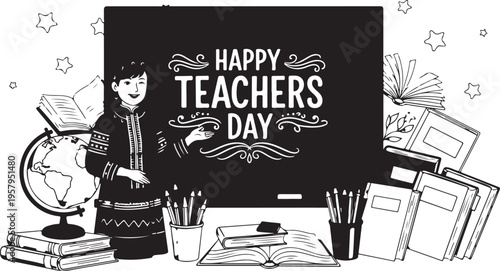 A smiling teacher standing in front of a chalkboard with happy teachers day lettering and books