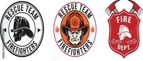 Firefighter Rescue Team Emblem Vector Set Featuring Heroic Fireman Portraits Fire Dept Shields and Crossed Axes for Vintage Style Logo Design Projects.