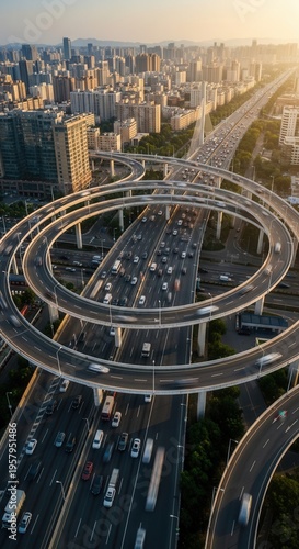 Urban Arteries Busy Highway Interchange During Golden Hour Sunlight