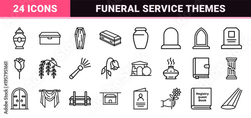 Funeral Service and Memorial Tributes Line Art. Minimalist Monoline Icons for Bereavement, Cremation, and Cemetery Navigation.