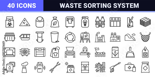 Minimalist Waste Management and Recycling Outline Icons Featuring Geometric Line Art for Environmental Sanitation and Circular Economy UI