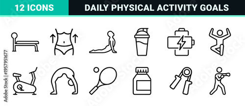 Minimalist Monoline Fitness Icon Set featuring Geometric Body Movement and Wellness Symbols for Modern Health Apps and Branding Design.