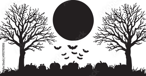 Black and white silhouette illustration of a spooky halloween night with trees and pumpkins