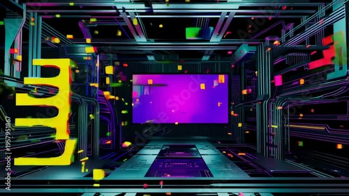 Cyberpunk corridor with digital display and colorful particles