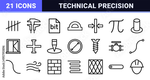 Technical Dimensioning and Precision Measurement Outline Symbols. Professional Geometric Line Art for Architecture, Engineering, and Design Drafting.