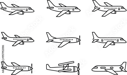 A collection of nine simple black outline icons featuring various types of airplanes and aircraft Vector