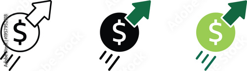 Set of 3 Money Growth Icons Vector: Dollar Coin with Upward Arrow for Financial Success
