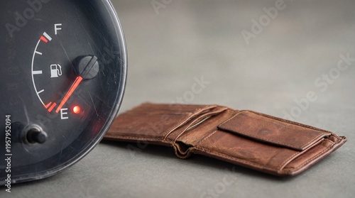 Depleted fuel gauge beside open leather wallet on a gray surface, symbolizing financial constraints and the rising costs of fuel.