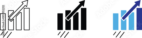 Bar chart with upward arrow in minimalist flat style with blue and black colors for financial growth illustration