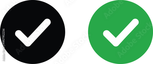 A minimalist set of two circular icons featuring a checkmark in both black and vibrant green colors Vector