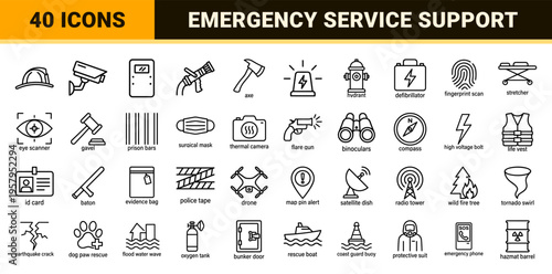 Public Service and Emergency Response Icons in Ultra Minimalist Monoline Style for Civil Protection and Law Enforcement Systems