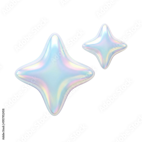 光沢のある虹色の輝きを放つ2つの星型アイコン。白い背景に浮かぶ立体的なキラキラしたエレメント。