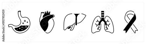 A set of 5 mix icons as stomach, heart, liver