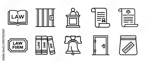 Legal Justice and Judicial Law System Icons Featuring Minimalist Monoline Geometric Outlines for Courtroom and Attorney Documentation