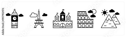 A set of 5 mix icons as clock tower, eiffel tower, fort