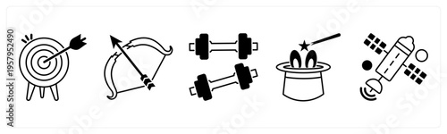 A set of 5 mix icons as dartboard, archery, dumbell