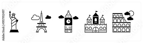 A set of 5 mix icons as statue of liberty, eiffel tower, clock tower