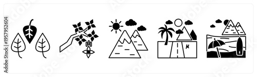 A set of 5 mix icons as leaves, tree, hills