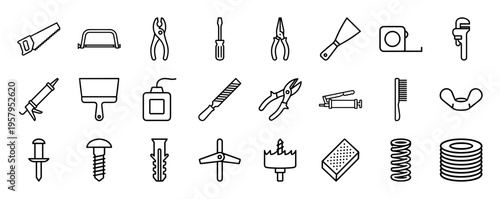 Construction Maintenance and Industrial Hand Tool Hardware Minimalist Monoline Geometric Line Art Outline Symbols for Professional Technical Documentation