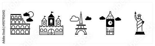 A set of 5 mix icons as colosseum, fort, eiffel tower